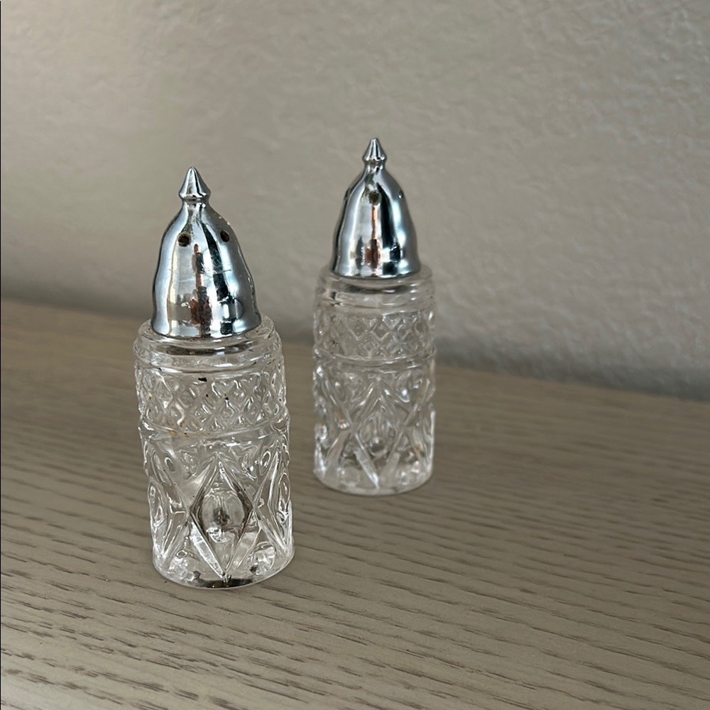 Crystal Salt and Pepper Shakers with Silver Tops